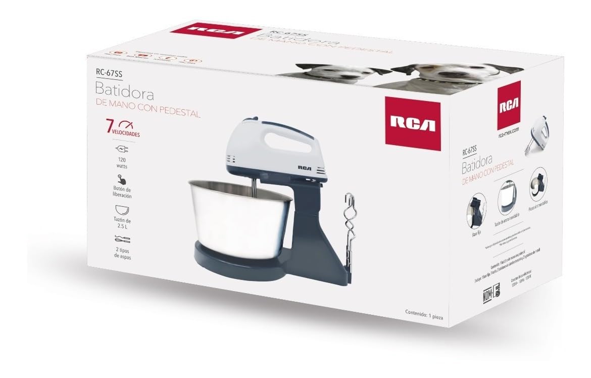 RCA Batidora de Pedestal RC-67SS de 120W con 6 Velocidades Ajustables, Tazón de 4L de Acero Inoxidable, Accesorios para Amasar, Batir y Mezclar, Diseño Elegante en Negro y Acero Inoxidable