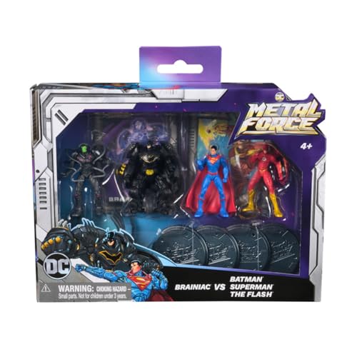 Pack de 4 Figuras coleccionables DC Comics (Brainiac vs. Batman, Superman y The Flash), Figuras de 5 cm, inéditas, con Tarjetas metálicas de coleccionista, para niños a Partir de 4 años.