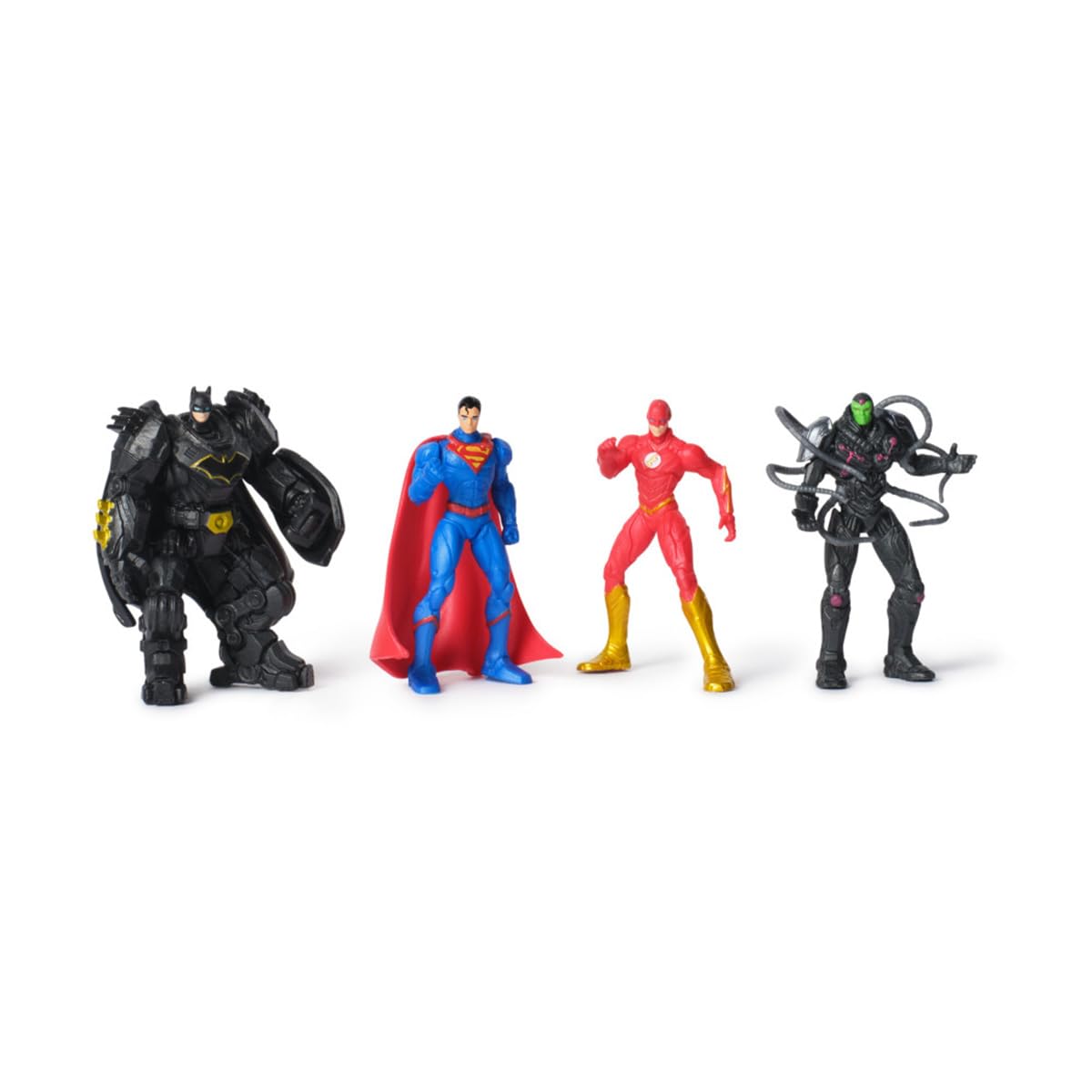 Pack de 4 Figuras coleccionables DC Comics (Brainiac vs. Batman, Superman y The Flash), Figuras de 5 cm, inéditas, con Tarjetas metálicas de coleccionista, para niños a Partir de 4 años.