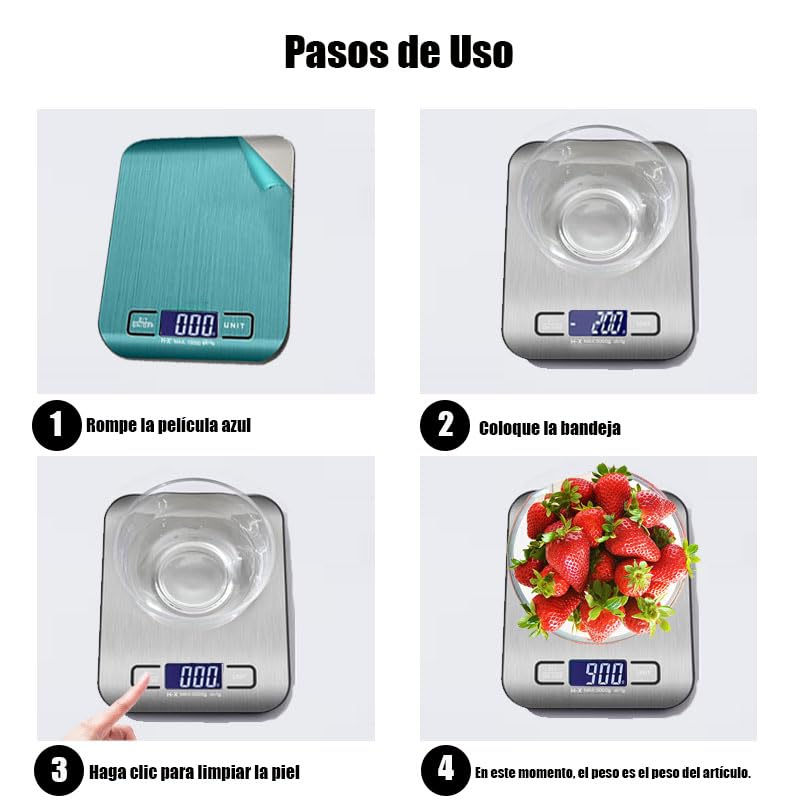 Báscula Cocina Digital USB Recargable, Báscula de Acero Inoxidable con Pantalla LCD para 10kg/22 lbs, Balanza de Alimentos Multifuncional para Cocina (Incluye 2 Baterías AAA) (USB-10KG- Plateado)