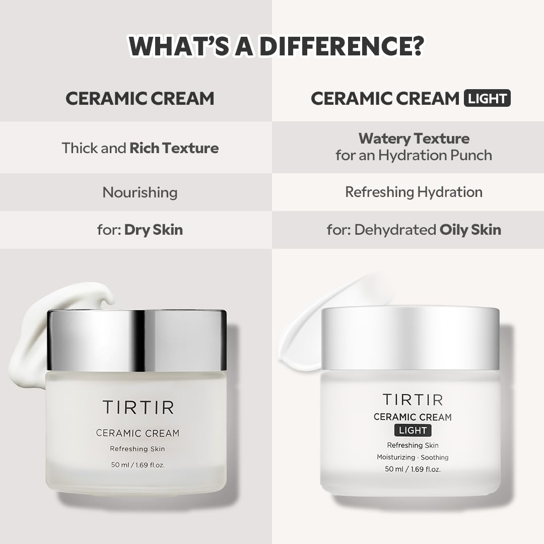 TIRTIR Ceramic Cream Light Refreshing Skin 50 ml - Crema Hidratante Facial Coreana ligera con Acido poliglutámico, betaina y prebióticos - Crema Facial para piel grasa o mixta - Skincare Coreano sin fragancia