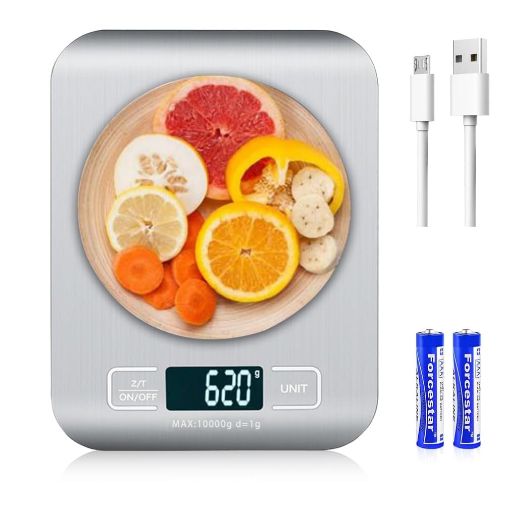 JUGLUTE Báscula Digital de Cocina USB Recargable, Báscula de Cocina de Acero Inoxidable de 10kg/22lb con Pantalla LCD, Función de Tara, Balanza de Alimentos Multifuncional para Cocina
