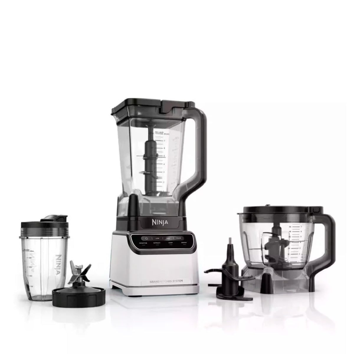 Licuadora Ninja Grand Kitchen System de 1,200 Watts, Licuadora con 4 programas Auto-iQ 72onz con Boquilla de Vertido, Tazón Procesador de Alimentos, Cuchillas Intercambiables. Blanco KS500WM-NEGRO