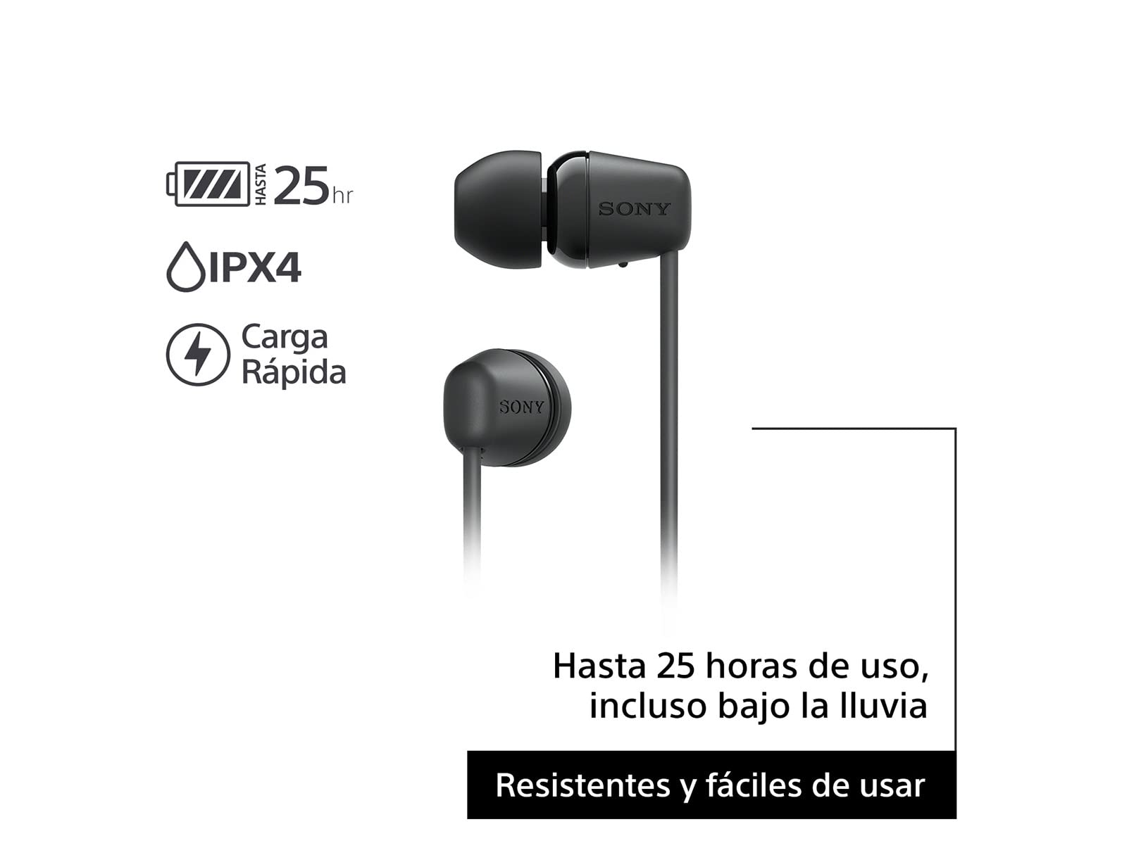 Sony WI-C100 - Audífonos inalámbricos intraauriculares con Banda para el Cuello y micrófono para Llamadas con Manos Libres, Negro, WIC100/B (Versión Nacional)