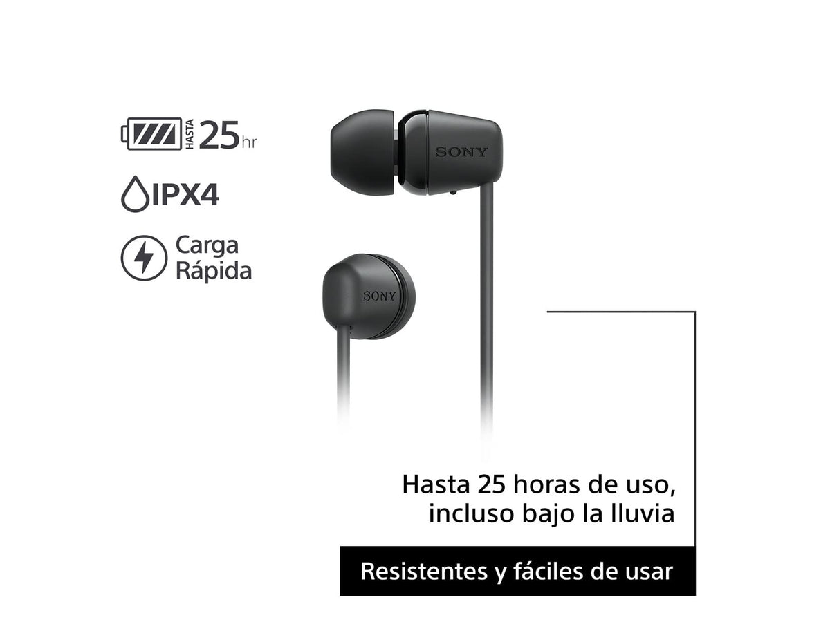 Sony WI-C100 - Audífonos inalámbricos intraauriculares con Banda para el Cuello y micrófono para Llamadas con Manos Libres, Negro, WIC100/B (Versión Nacional)