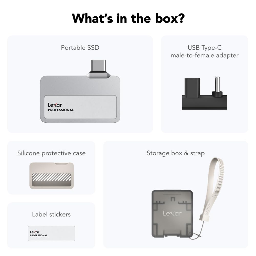 Lexar 2TB Professional Go SSD portátil, Compatible con Apple ProRes, hasta 1050 MB/s de Lectura y 1000 MB/s de Escritura, USB 3.2 Gen 2, Resistente, Compatible con iPhone 15 Series, Smartphones, PC y