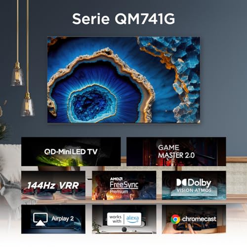 TCL Smart TV Pantalla 55'' 55QM741G Google TV QLED -MiniLED, Dolby Vision HDR10 AIPQ 1300 NITZ DLG 240HZ IMAX, Dolby Atmos Virtual X Subwoofer 20W, Quad Core Bezel-Less,Compatible con Alexa