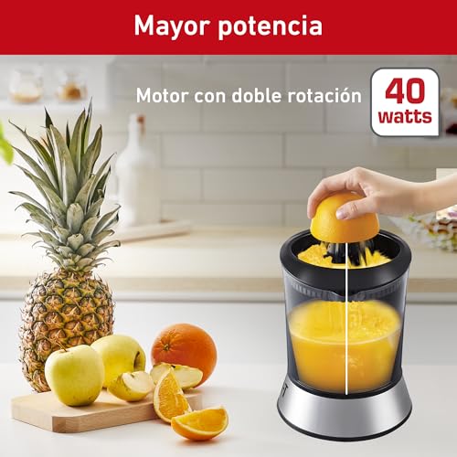 T-fal Exprimidor de Jugo Power Press cuenta con 2 conos removibles y una Jarra de 1 litro con un motor de 40 W de potencia, una gran opción para hacer jugos, Negro e Inoxidable, ZP200855