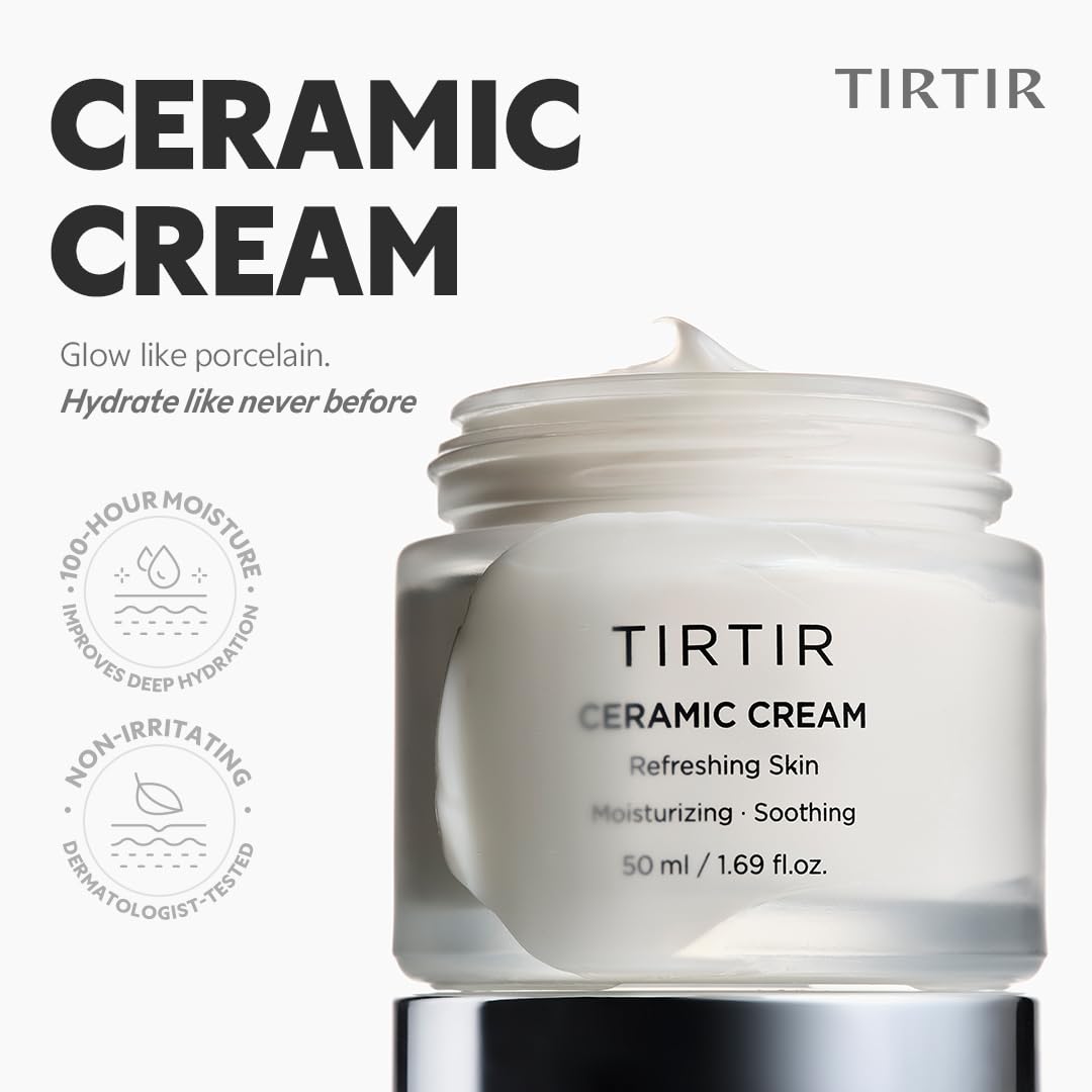 TIRTIR Ceramic Cream Refreshing Skin 50 ml - Crema Hidratante Facial coreana con Manteca de Karité, Acido Poliglutámico y Extractos naturales - Crema facial para piel seca o sensible - Skincare Coreano sin fragancia