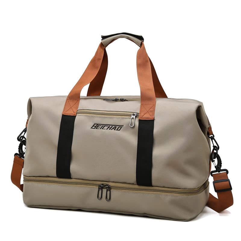 JeeLeeko Maleta Deportiva Bolsa para gym Diseño de Separación Húmedo y Seco Bolsa de viaje con ompartimento para Zapatos, para Hombres y Mujeres moda impermeable(Caqui)