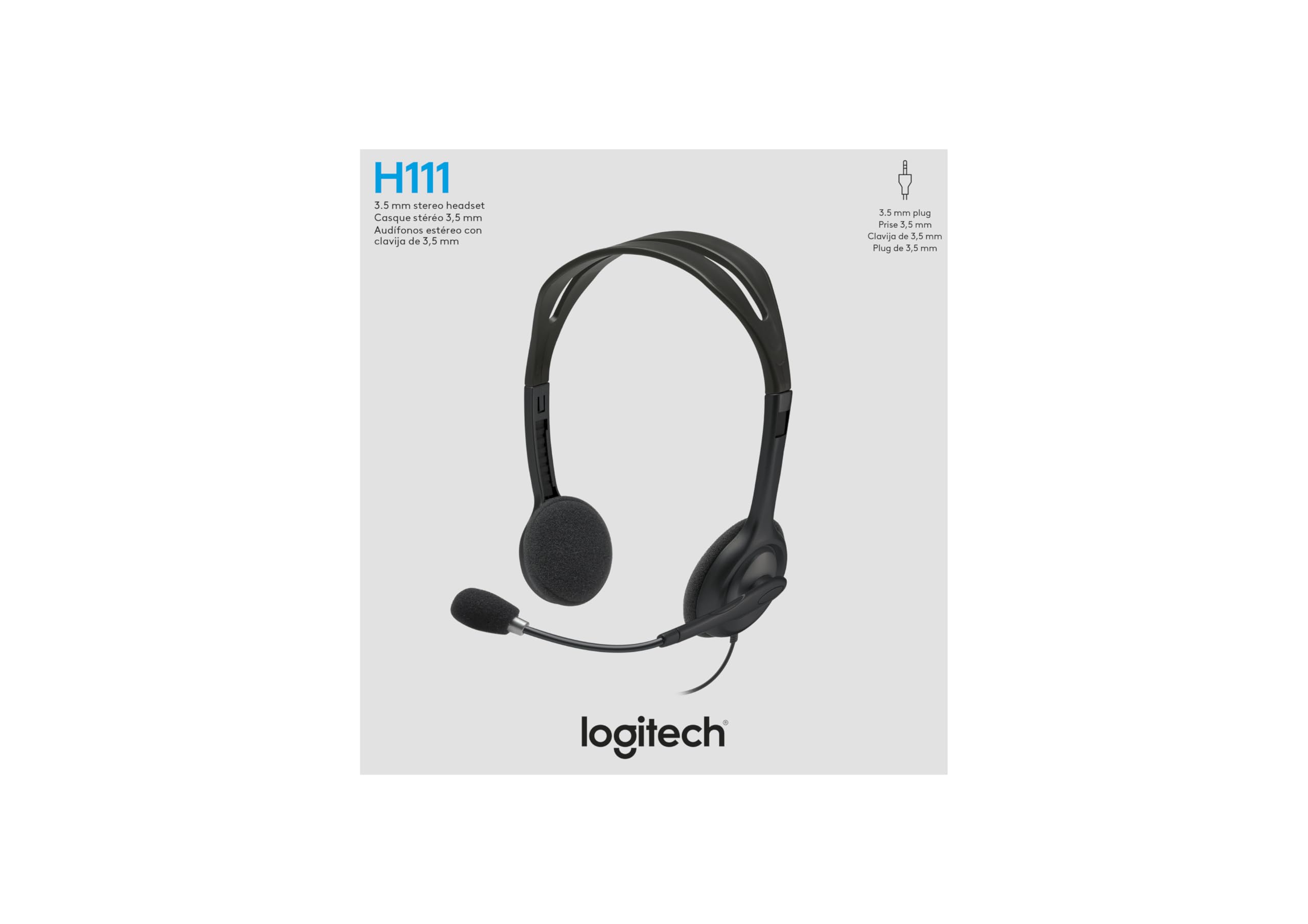 Logitech H111 Diadema con Cable, Sonido Estéreo con Micrófono Giratorio, Jack 3,5mm, PC/Mac/Portátil/Smartphone/Tablet - Negro