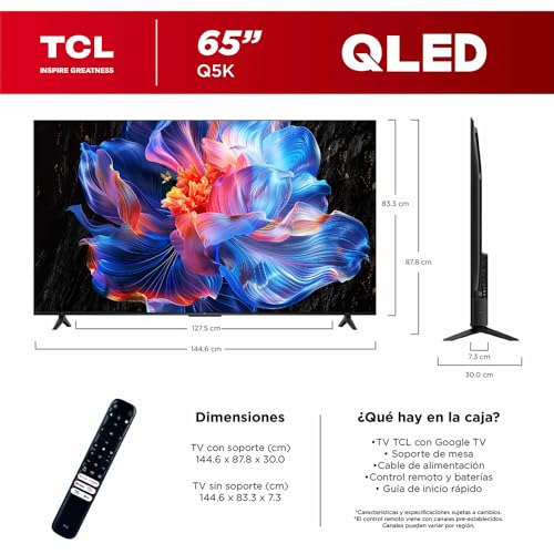 TCL Smart TV Pantalla 65" 65Q5K Google TV QLED 4K Google Assistant | Hands Free Voice Control | Alexa | VisionHDR10+| AiPQ™ | Micro Dimming | NITS350 | Panel 60 Hz