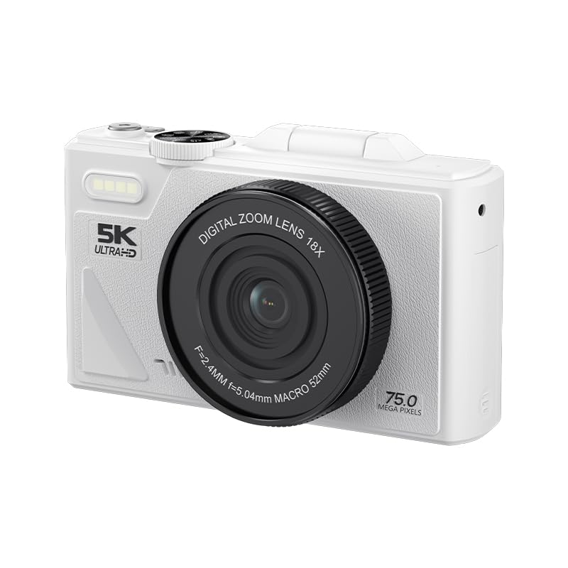 Cámara Digital Retro de 75MP, Cámara de Vlogging Vintage 5K UHD con Zoom de 18X, Enfoque Automático, Pantalla Abatible de 3 Pulgadas para Vlogging de Fotografía de Viajes (Blanco)