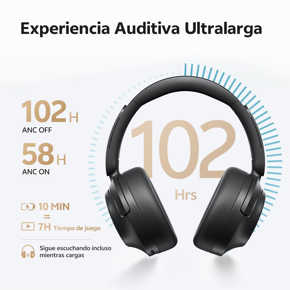 QCY H3S Audifonos Inalambricos Diadema, 102H Reproducción, Carga Rápida, Cancelación Activa de Ruido Híbrida, Sonido Hi-Res, Múltiples Modos, Ajuste Cómodo, Bluetooth 6.0