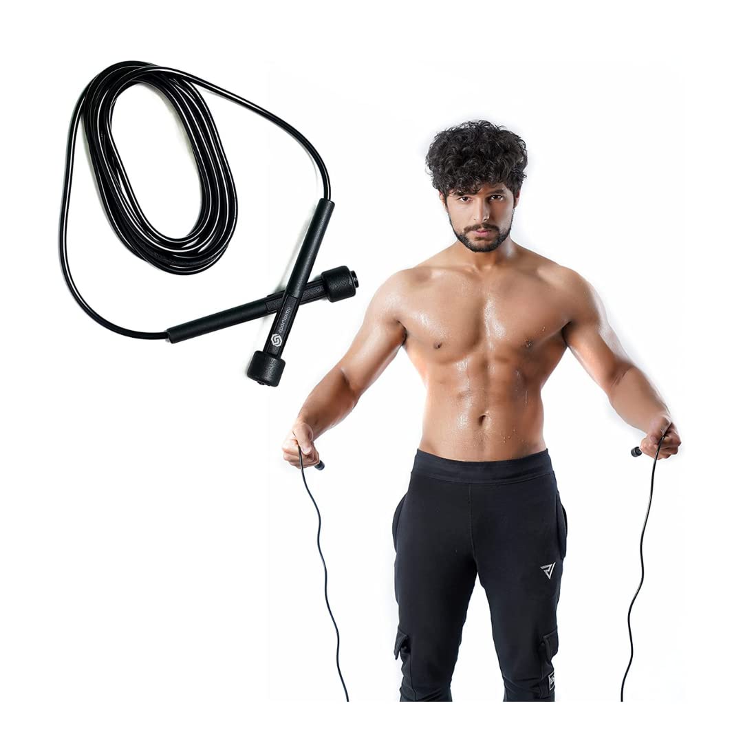 Cuerda para Saltar Sportisimo Negra , 3 metros ajustable y Con Manijas Cómodas, Calidad Premium , Mejor Cuerda Ligera Para Mantenerse en Forma, Pérdida de Peso, Ejercicios Cardiovasculares, Ejercicios Gym Crossfit Criss Cross Negra