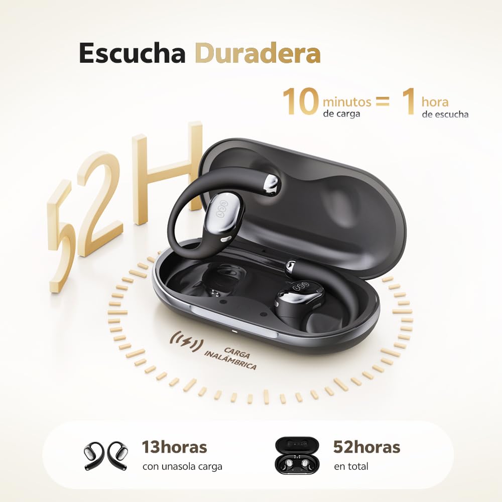 QCY Crossky R70 Auriculares Inalámbricos, Audífonos Oído Abierto con 52 Horas de Reproducción, Hi-Res Audio y LDAC, Bluetooth 6.0, Carga Inalámbrica y Conexión Multipunto, Resistente al Agua lPX5