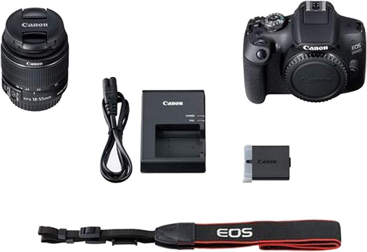 Canon EOS 2000D (Rebel T7) Cámara réflex digital con kit de lentes de 18-55 mm (negro) – Paquete de accesorios básicos de Scandisk 16 GB tarjeta SD + lector de tarjetas SD + kit de filtro de 58 mm +