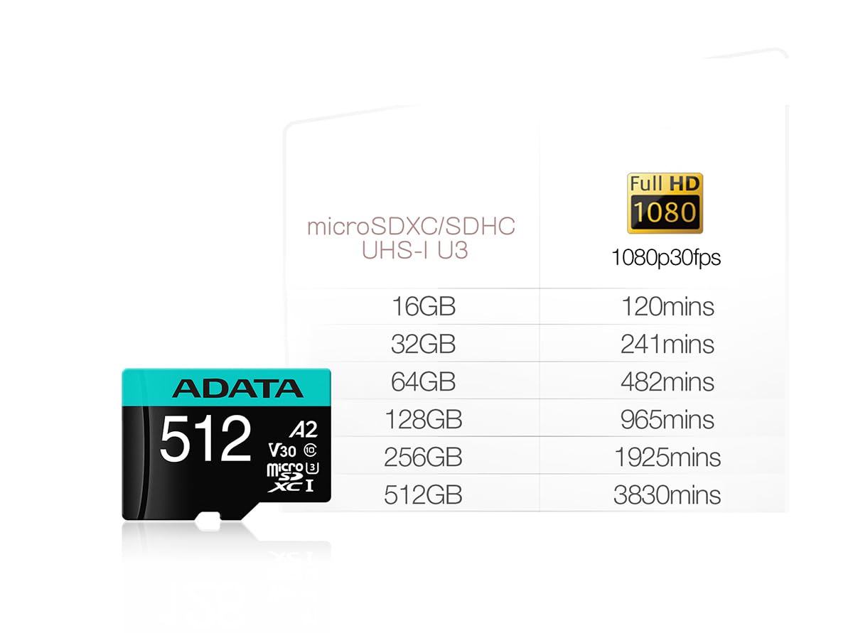 ADATA Premier Pro Tarjeta de Memoria MicroSD de 512GB MicroSDXC/SDCH UHS-I U3 Class 10 (V30S) A2