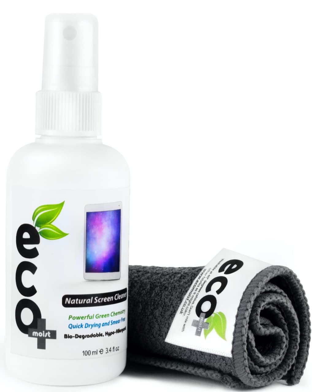 Ecomoist Limpiador de pantallas de 100 ml toallas de microfibra de 30 x 30 cm Limpieza ecológica Ideal para LCD LED HDTV Monitores de computadora TV iPad iPhone Tablet Smartphone Laptops