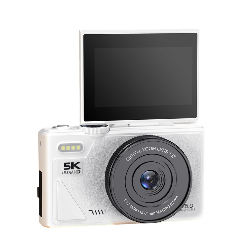 XUMIUZIY Cámara Digital 5K con Zoom Óptico 18X, Cámara Digital Vintage 75MP con Enfoque Automático, Cámara 5k con Pantalla abatible, Vídeo 5K y Detección de Sonrisa (Black) (White)
