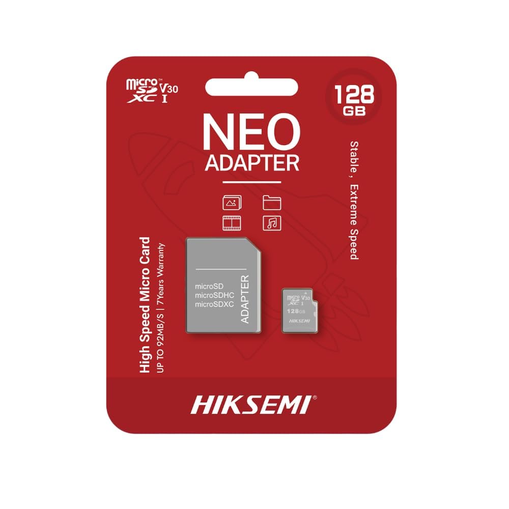 HIKSEMI Tarjeta de Memoria C1, MicroSDXC con Adaptador SD, UHS-I, C10, U1, V30, Lectura: 92MB/s, Clase 10, Diseñada para Uso 24/7 (1 Pack, 128GB)