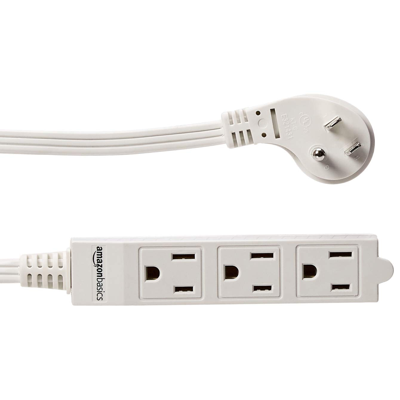 Amazon Basics Regleta rectangular para interiores, cable de extensión de 1.8 m, 3 clavijas, enchufe plano, de conexión a tierra, 13 amperios, 1625 vatios, 125 VCA, paquete de 2, color blanco