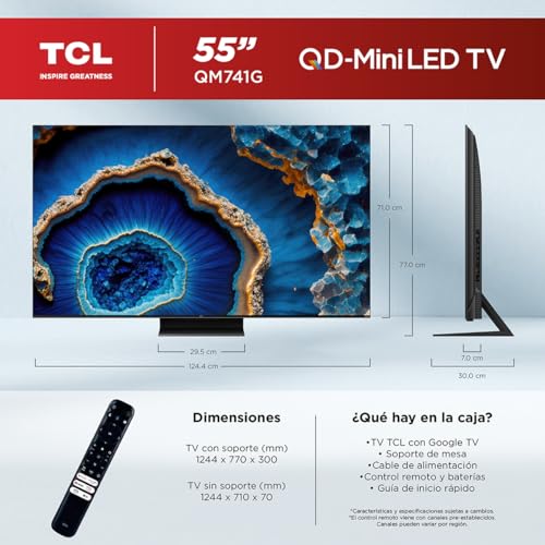 TCL Smart TV Pantalla 55'' 55QM741G Google TV QLED -MiniLED, Dolby Vision HDR10 AIPQ 1300 NITZ DLG 240HZ IMAX, Dolby Atmos Virtual X Subwoofer 20W, Quad Core Bezel-Less,Compatible con Alexa