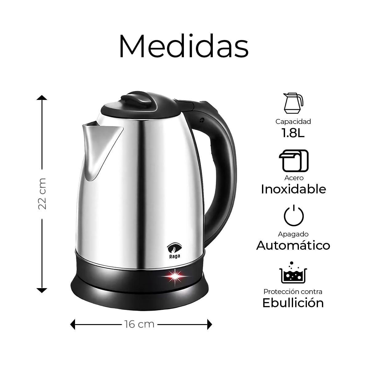 RagaBasics, Tetera Eléctrica de 1.8 Litros, Hervidor de Agua de Acero inoxidable, Apagado Automático 900W