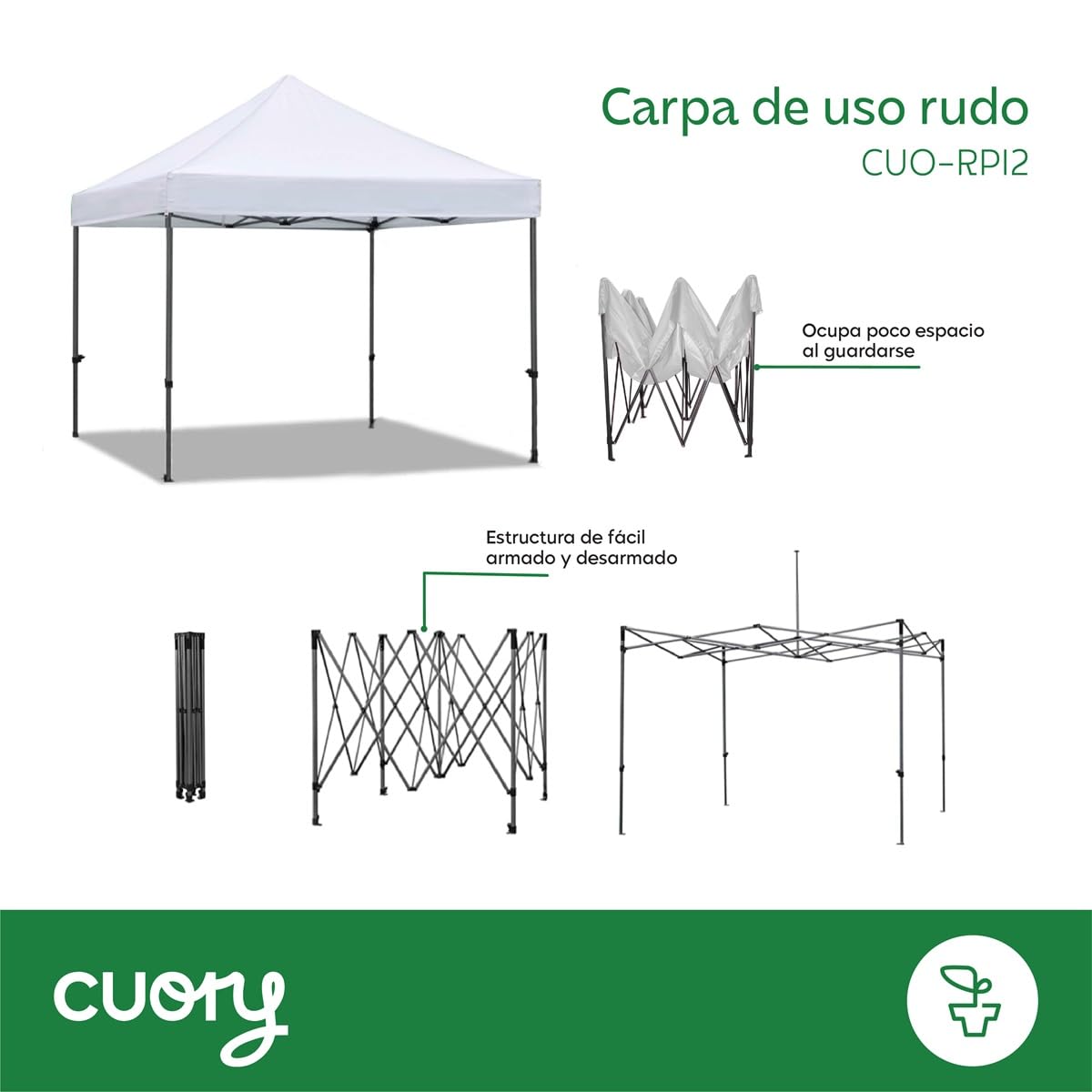 CUORY Carpa Toldo 3x3 Reforzado Plegable | Impermeable Facil Armado Y Transporte | para Jardín Casa Exterior Uso Rudo Acero Lona | Blanco