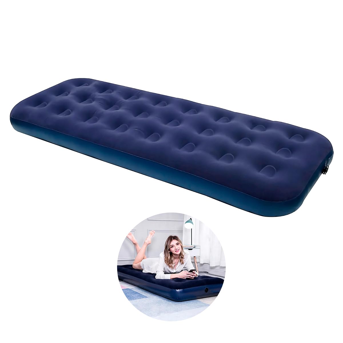 Raganet, Colchón Inflable Individual, Cama de Aire Cómoda, Resistente y Plegable, Colchón de Campismo con Cubierta Afelpada Suave, Medidas: 195cm X 75cm X 22cm