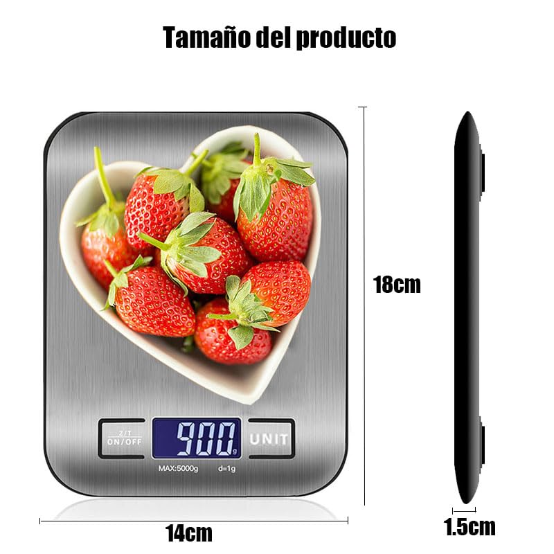 Báscula Cocina Digital USB Recargable, Báscula de Acero Inoxidable con Pantalla LCD para 10kg/22 lbs, Balanza de Alimentos Multifuncional para Cocina (Incluye 2 Baterías AAA) (USB-10KG- Plateado)