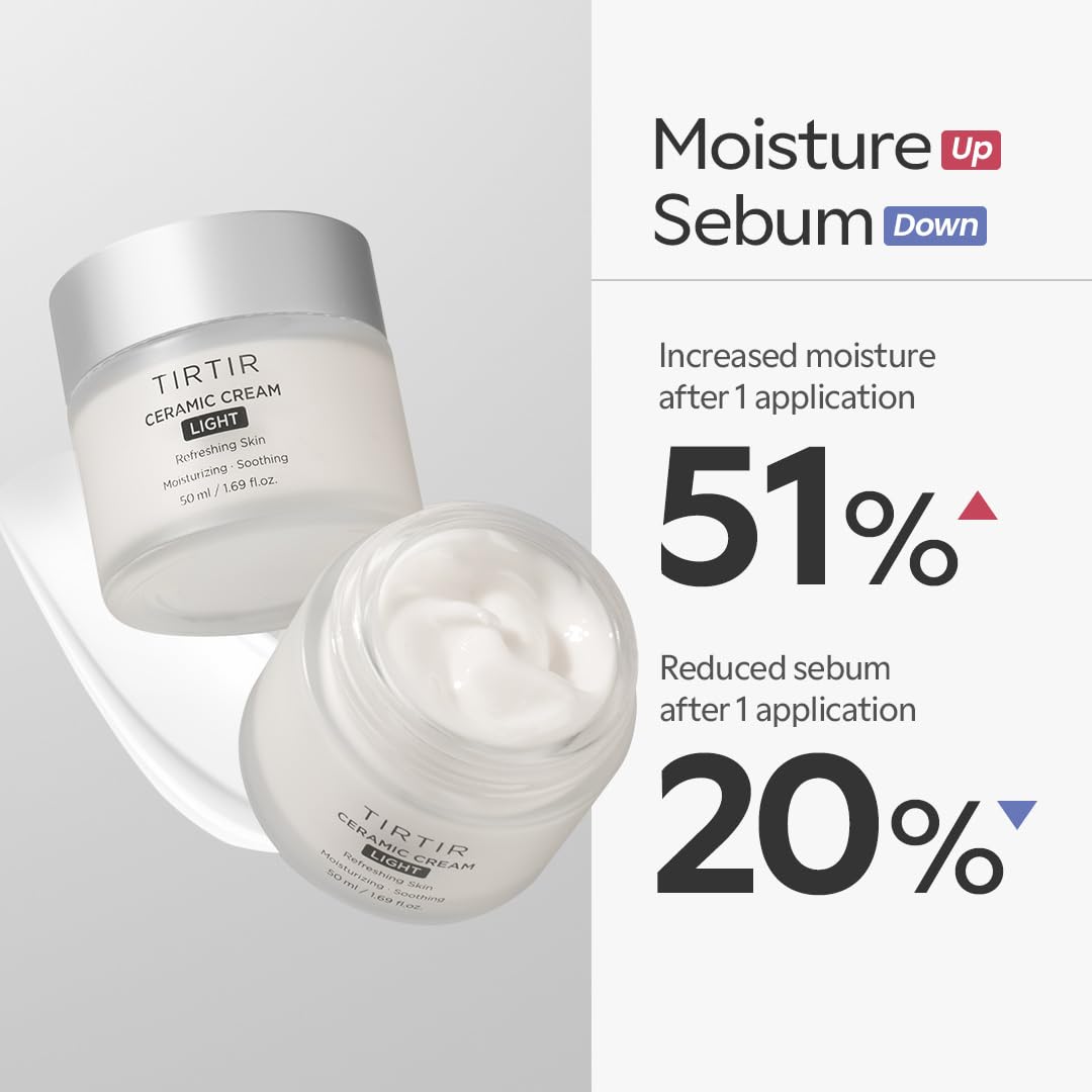 TIRTIR Ceramic Cream Light Refreshing Skin 50 ml - Crema Hidratante Facial Coreana ligera con Acido poliglutámico, betaina y prebióticos - Crema Facial para piel grasa o mixta - Skincare Coreano sin fragancia