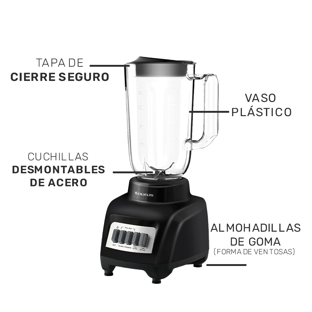 TAURUS HALEY | Licuadora con Vaso de Plástico de 1.5 Litros | 500 Watts | 4 Velocidades | Acople Easy Fit con Cuchillas Desmontables de Acero Inoxidable | Cierre de Segurad