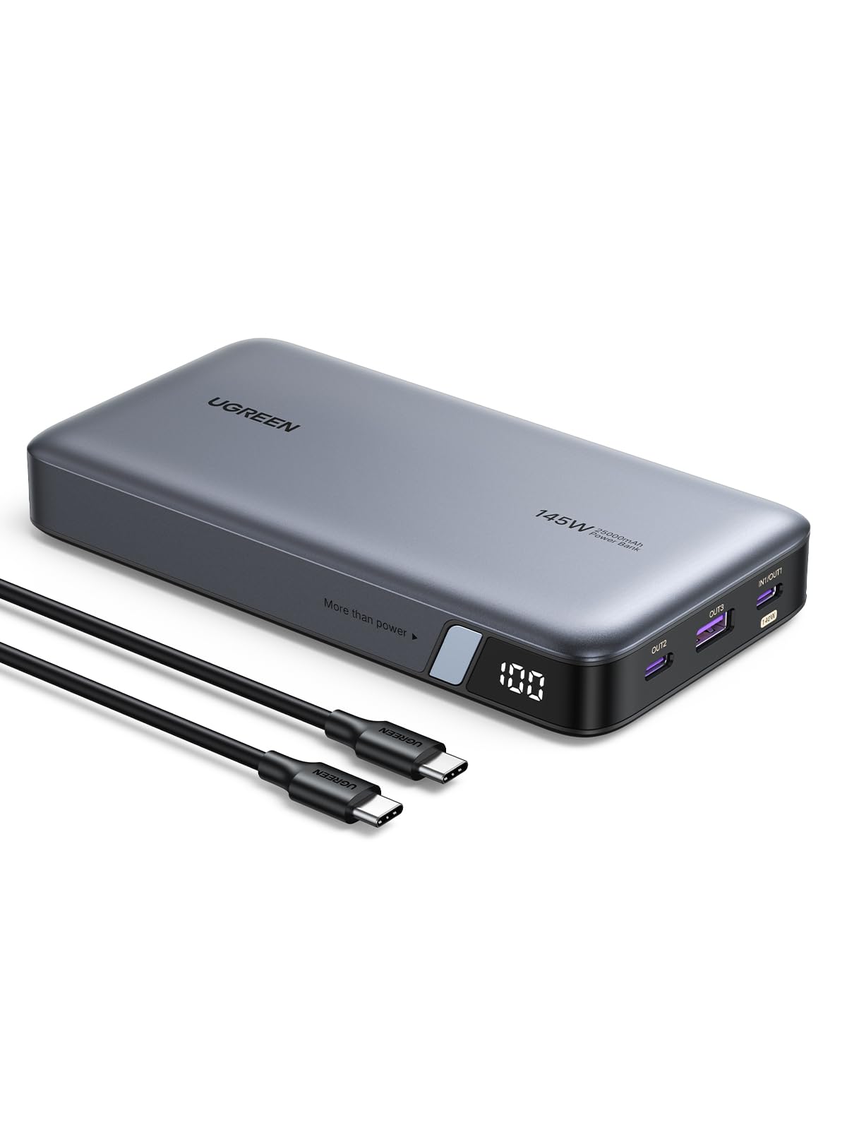 UGREEN 145W Power Bank 25000mAh Cargador Portátil Carga Rápida con Cable USB C y 3 Puertos PD3.0 Banco de Energía Batería con Pantalla Digital Compatible con MacBook iPad iPhone 16/15/14 Xiaomi Galaxy