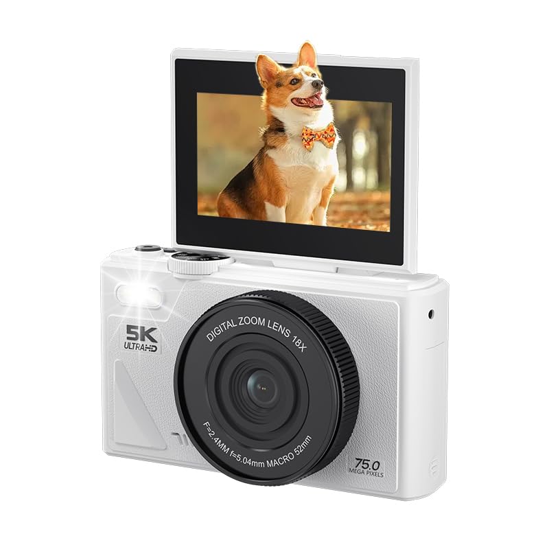 Cámara Digital Retro de 75MP, Cámara de Vlogging Vintage 5K UHD con Zoom de 18X, Enfoque Automático, Pantalla Abatible de 3 Pulgadas para Vlogging de Fotografía de Viajes (Blanco)