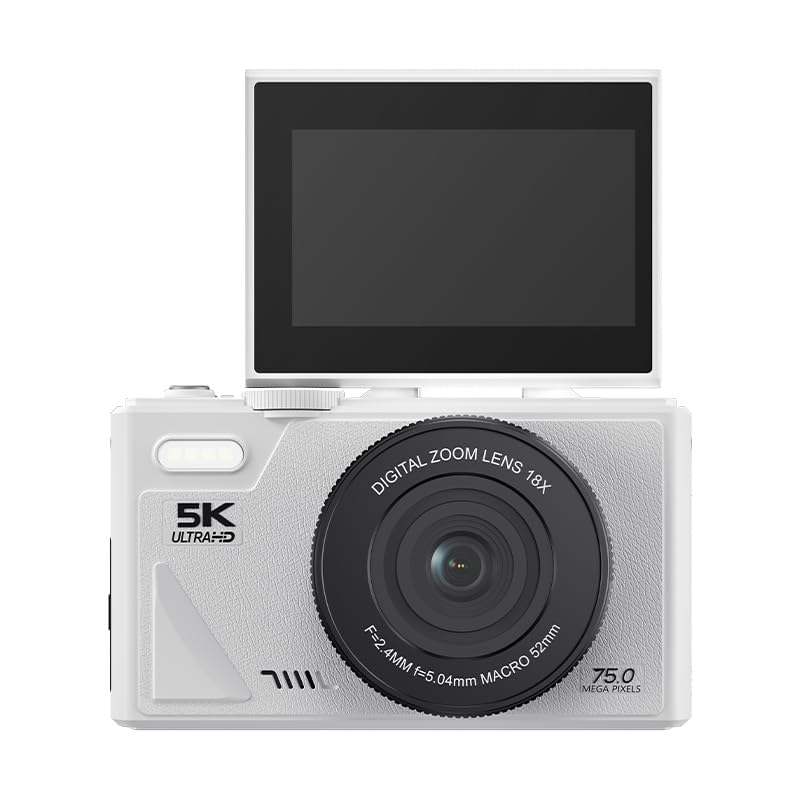 Cámara Digital Retro de 75MP, Cámara de Vlogging Vintage 5K UHD con Zoom de 18X, Enfoque Automático, Pantalla Abatible de 3 Pulgadas para Vlogging de Fotografía de Viajes (Blanco)