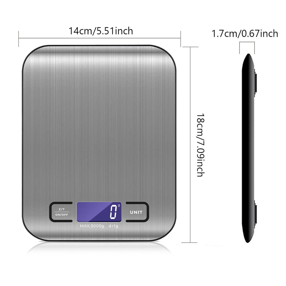 Báscula Digital de Cocina, Báscula de Cocina de acero inoxidable de 5 kg/11 lg con pantalla LCD, función de tara para cocinar en la cocina (plata)