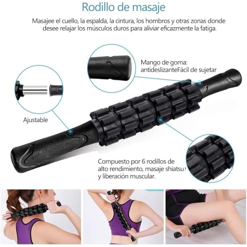 Rodillo de Masaje 6 en 1, Set Profesional para Yoga, Fitness y Recuperación Muscular, Incluye Roller Espalda, Pelota Terapéutica, Banda Elástica y Bolsa Portátil, Alivio Dolor Cuello, Piernas y Articulaciones, Material EVA Antideslizante (Negro)