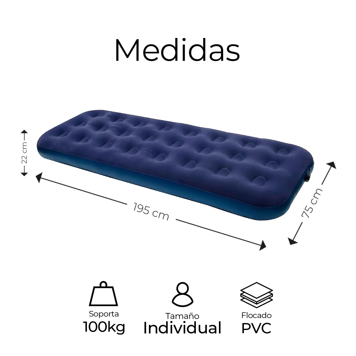 Raganet, Colchón Inflable Individual, Cama de Aire Cómoda, Resistente y Plegable, Colchón de Campismo con Cubierta Afelpada Suave, Medidas: 195cm X 75cm X 22cm