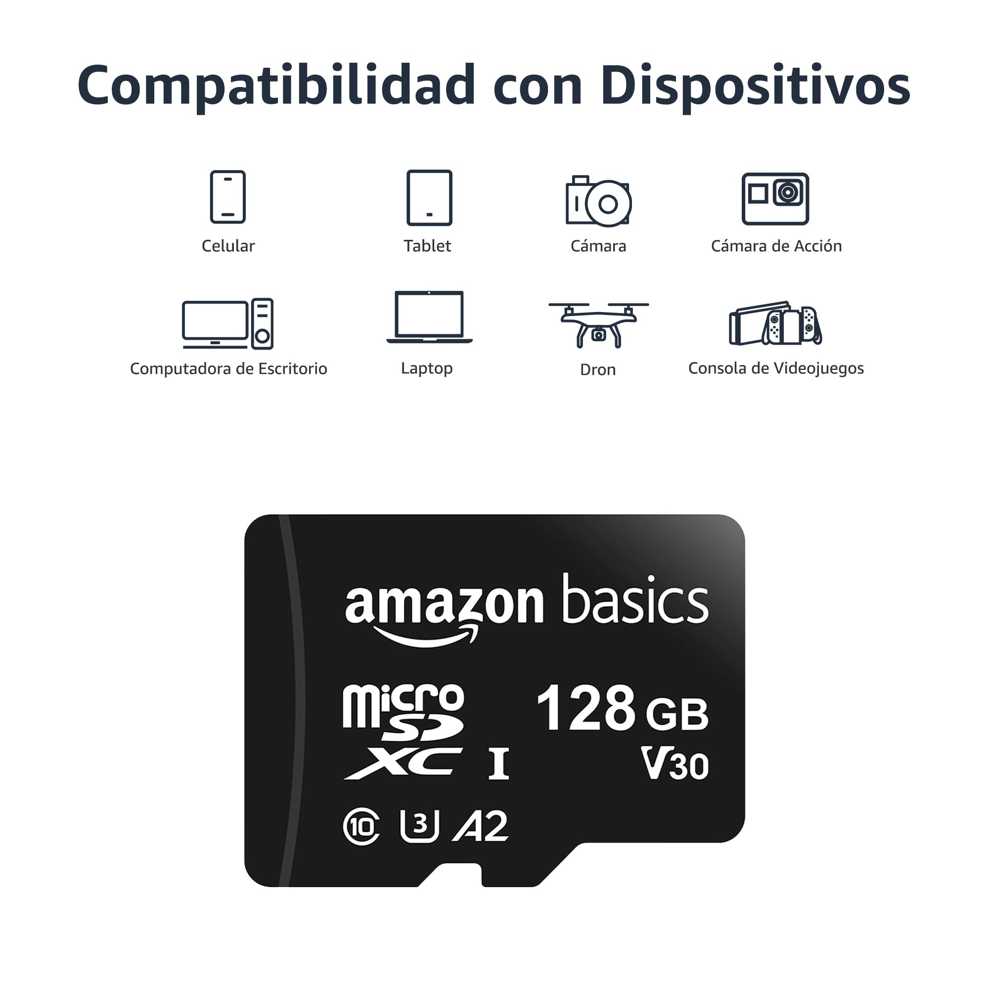 Amazon Basics Tarjeta de Memoria microSDXC con Adaptador de tamaño Completo, A2, U3, Velocidad de Lectura de hasta 100 MB/s, 128 GB, Negra