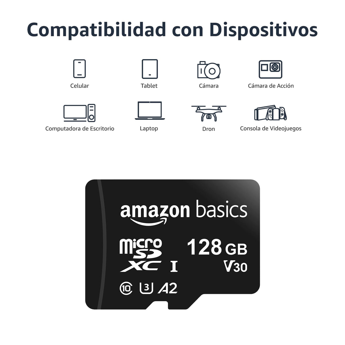 Amazon Basics Tarjeta de Memoria microSDXC con Adaptador de tamaño Completo, A2, U3, Velocidad de Lectura de hasta 100 MB/s, 128 GB, Negra