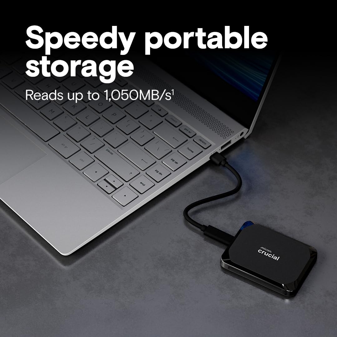 Crucial X9 SSD portátil de 1 TB, hasta 1050 MB/s, USB 3.2 USB-C, Unidad Externa de Estado sólido, Compatible con Windows, Mac y Android, Almacenamiento confiable para Juegos, Archivos y copias de