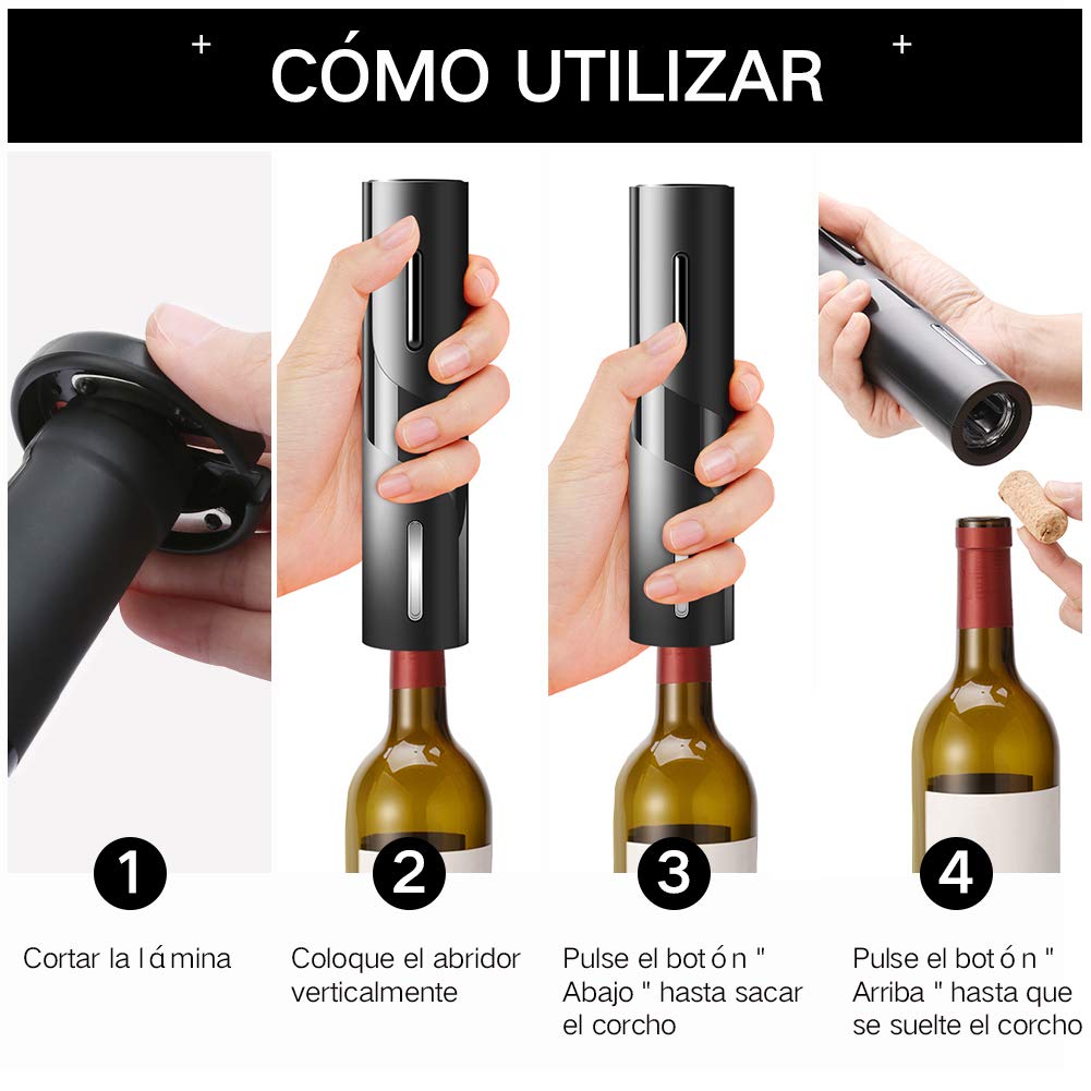 Sacacorchos Eléctrico de Vinos 6 En 1 AutomáTico de Abridor de Vino Eléctrico de Botella de Vino y Accesorios de Acero Inoxidable con Cortador de LáMinas Juego de Abridor de Eléctrico para Vino Cava