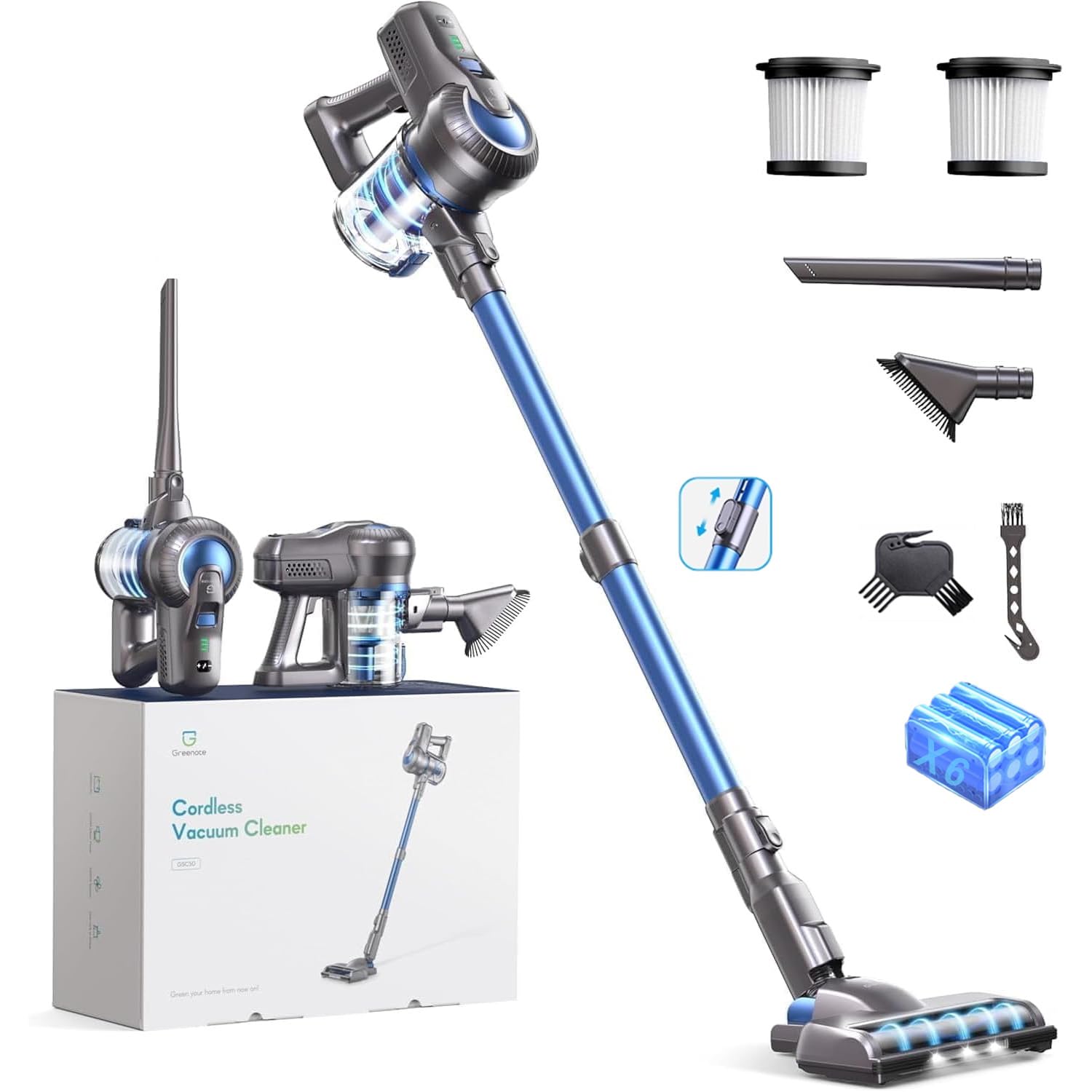 Greenote Aspiradora Inalambrica, 22000 Pa Aspiradora de Mano 4 en 1, 200 W Aspiradoras Potentes con LED, Vacuum Cleaner de Función de Autoportante,Cepillo para Suelos Duros/Pelos de Mascotas