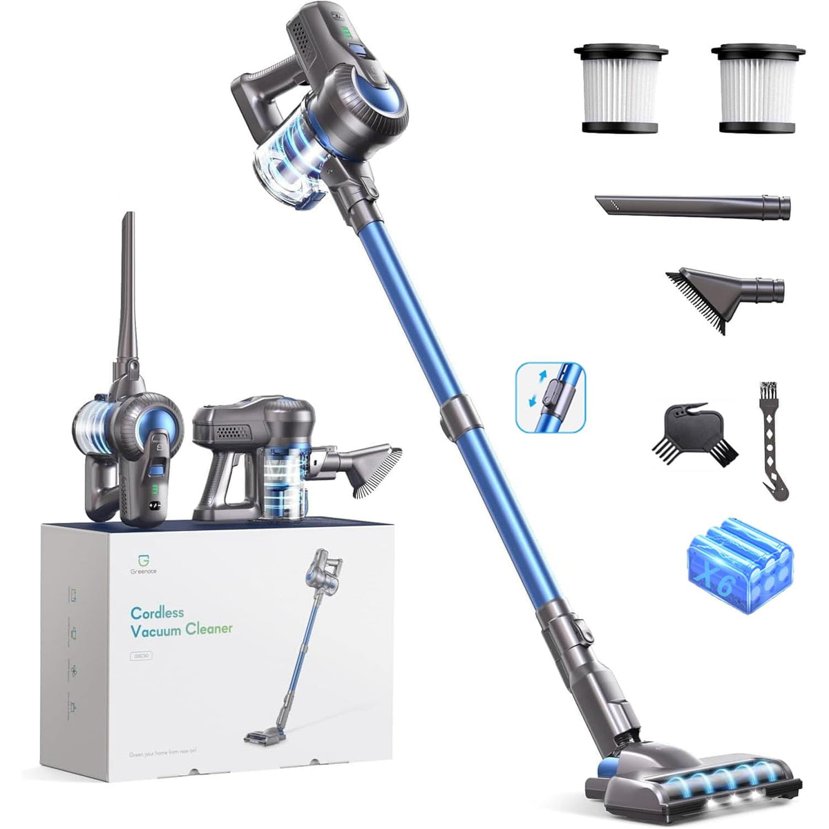 Greenote Aspiradora Inalambrica, 22000 Pa Aspiradora de Mano 4 en 1, 200 W Aspiradoras Potentes con LED, Vacuum Cleaner de Función de Autoportante,Cepillo para Suelos Duros/Pelos de Mascotas