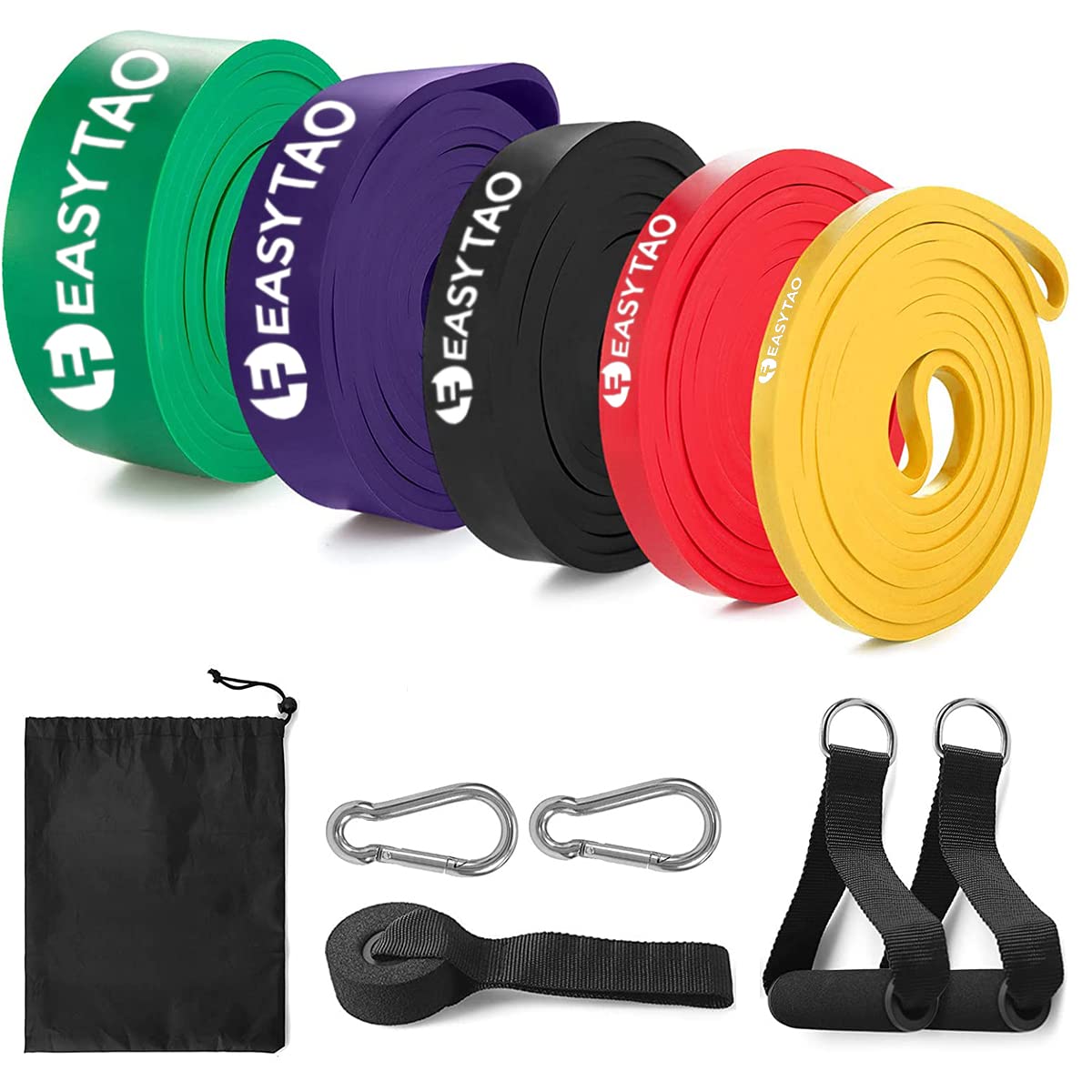 Bandas de Resistencia 5PCS(Látex 100% Natural), Ligas de Resistencia para Ejercicio, Fuerte Bandas Elástica para Pull Up & Crossfit - Con Ancla de Puerta, 2 Manijas, Ganchos y Bolsa (Multicolor)
