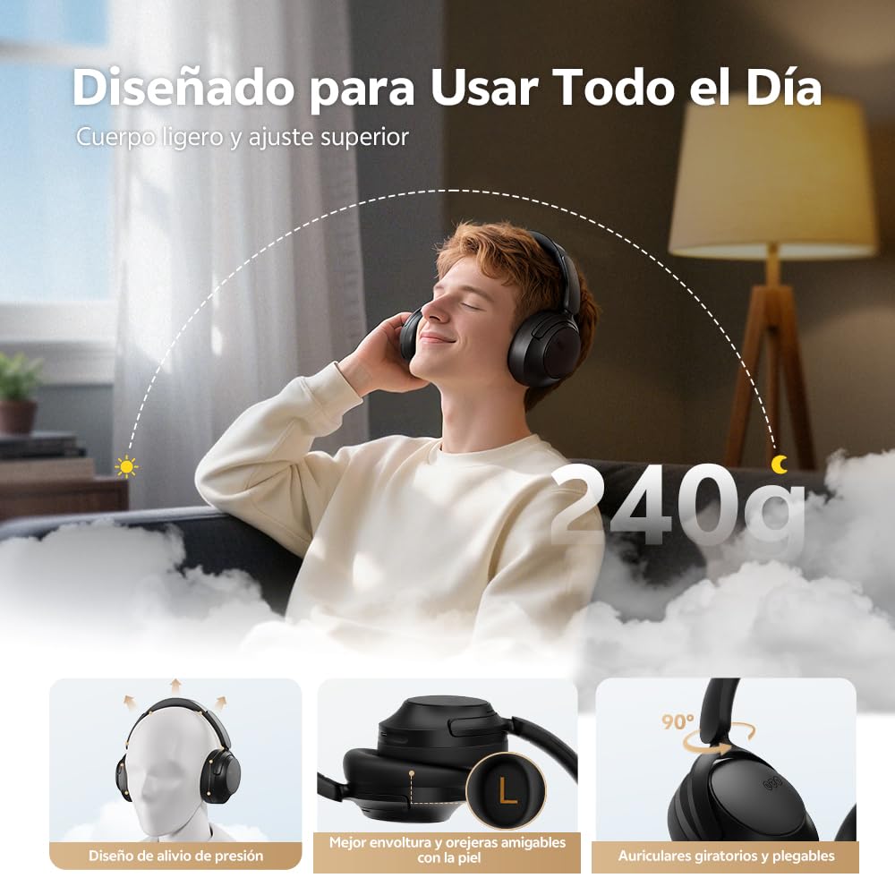 QCY H3S Audifonos Inalambricos Diadema, 102H Reproducción, Carga Rápida, Cancelación Activa de Ruido Híbrida, Sonido Hi-Res, Múltiples Modos, Ajuste Cómodo, Bluetooth 6.0