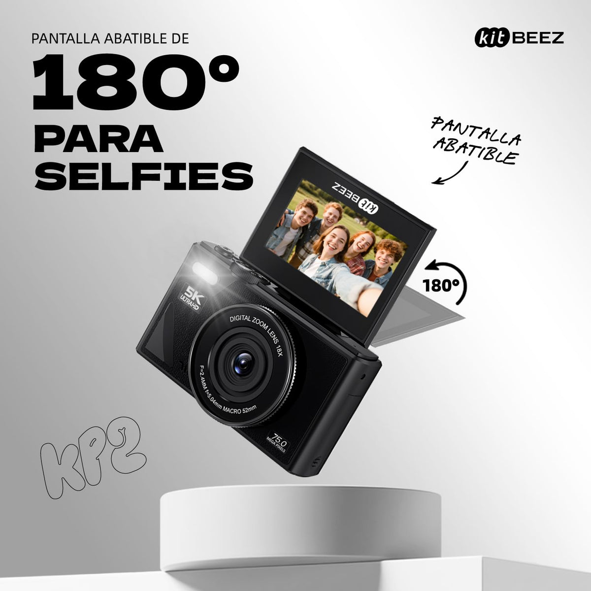 kitBEEZ Cámara Digital 5K Retro WiFi de 75 MP, Zoom de 18X, Pantalla Abatible de 3 Pulgadas, Admite Cámaras Web, Cámara Portátil de Viajes con Tarjeta 32GB SD, Negro