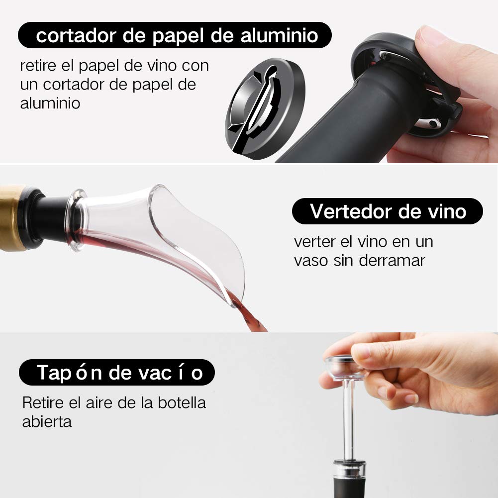 Sacacorchos Eléctrico de Vinos 6 En 1 AutomáTico de Abridor de Vino Eléctrico de Botella de Vino y Accesorios de Acero Inoxidable con Cortador de LáMinas Juego de Abridor de Eléctrico para Vino Cava