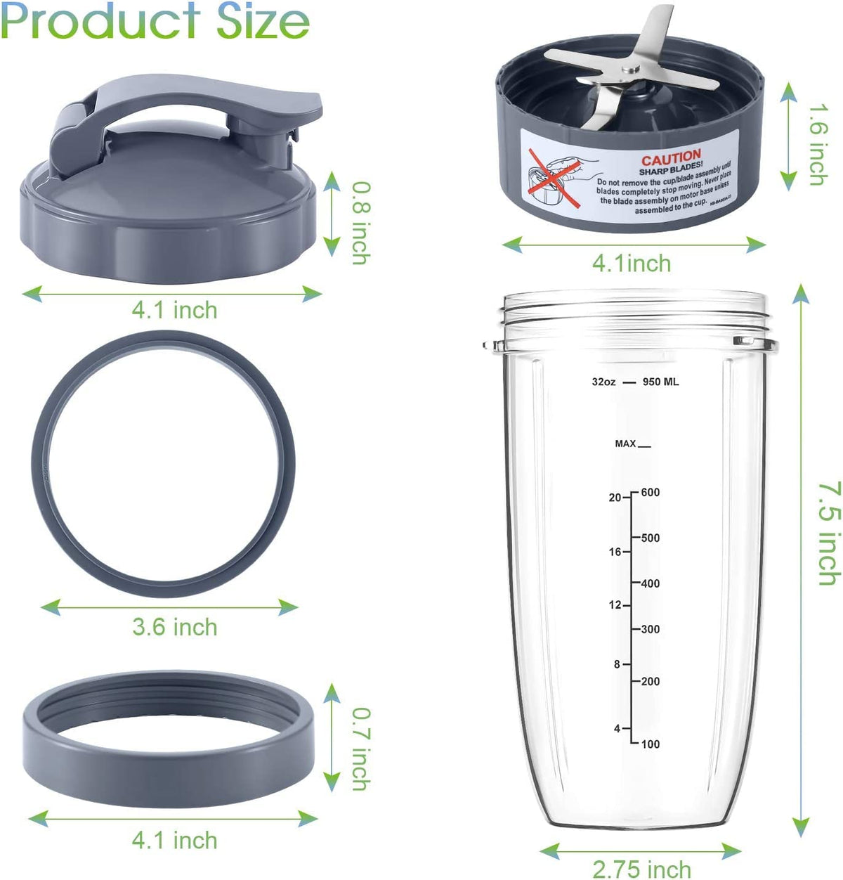 Juego de repuesto de vasos de licuadora y cuchilla, 7 piezas, 946 ml, 1 tapa abatible, 1 anillo de tapa y hoja extractora con 2 juntas de goma, compatible con licuadora NutriBullet de 600 W/900 W